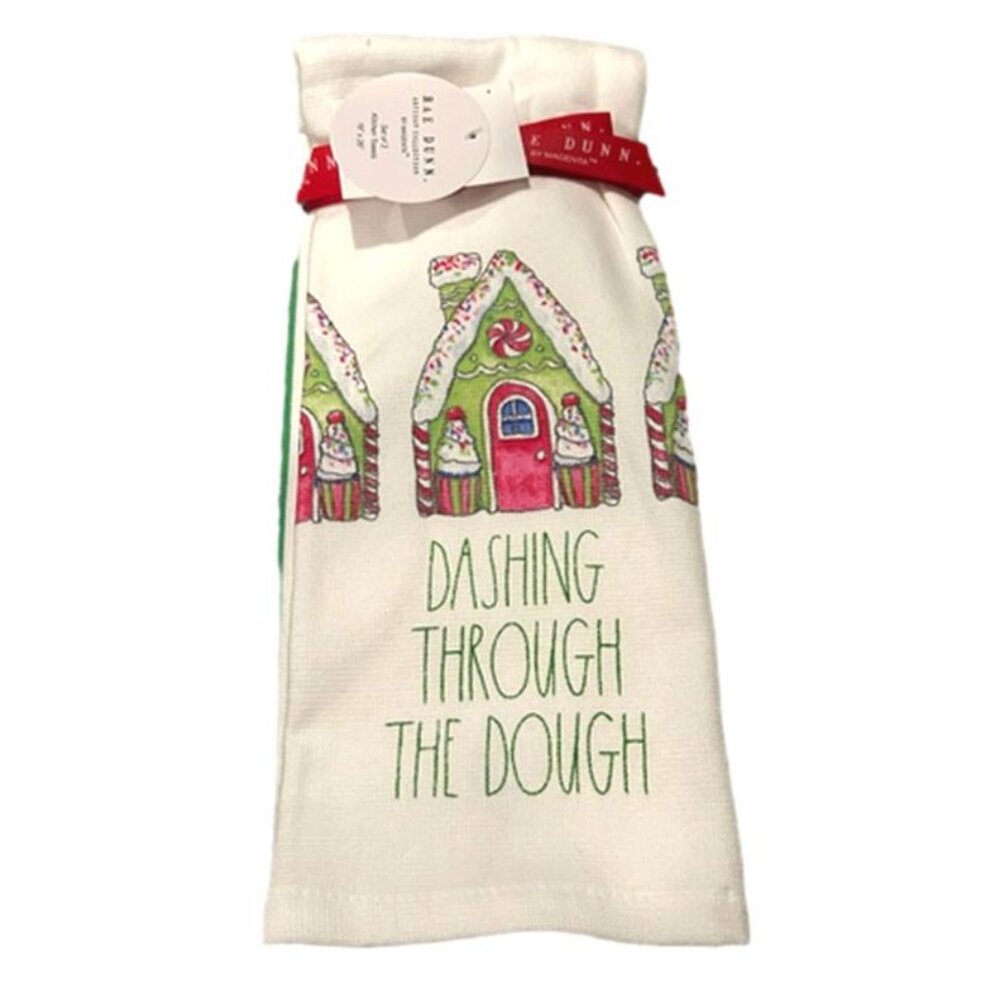 Rae Dunn Set of 3 DASHING THROUGH THE DOUGH Kitchen Towels 16" X 26" NEW
